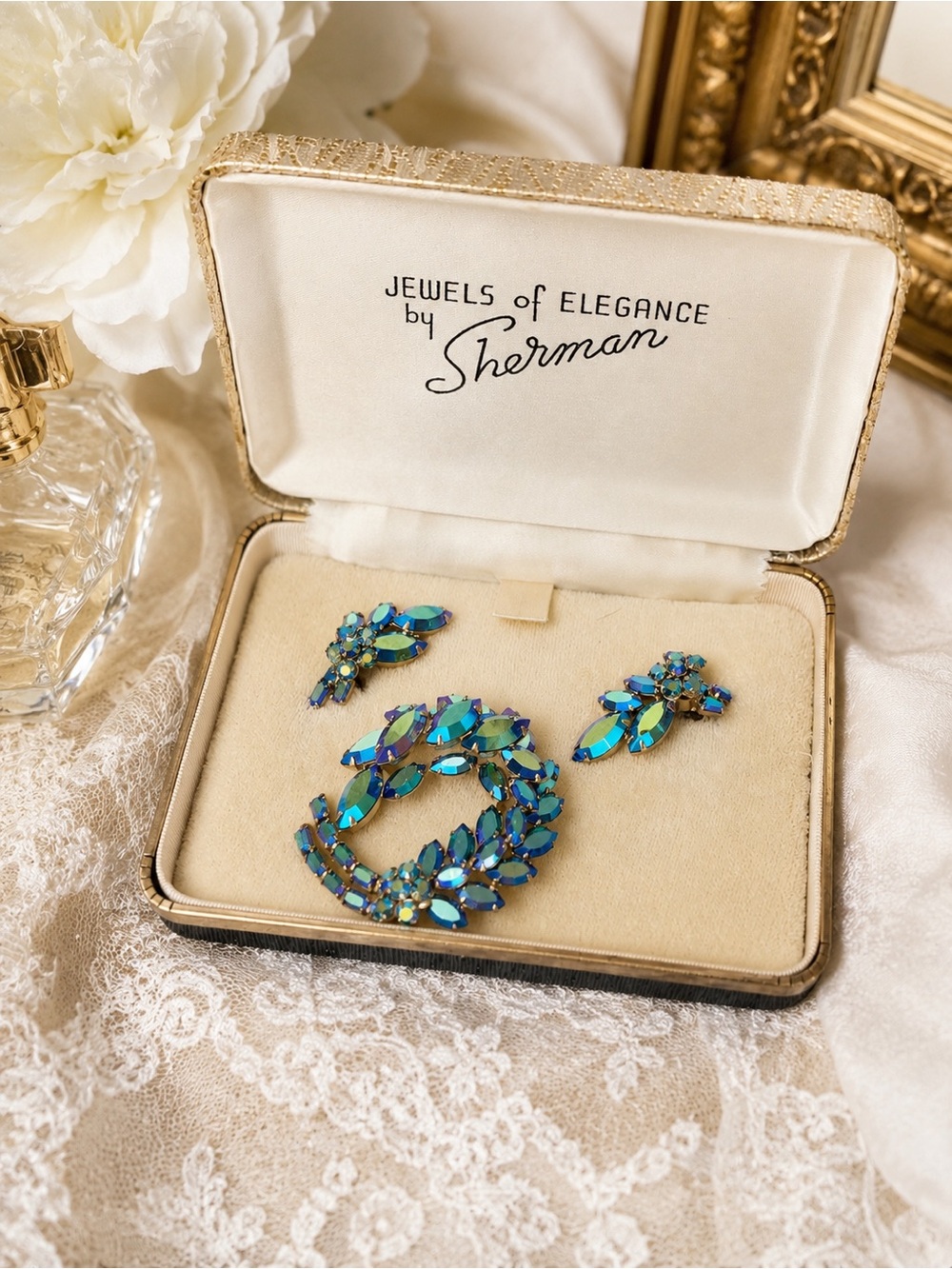 Mid Century Sherman Signed Peacock Blue Rhinestone Floral Spray Jewelry Set